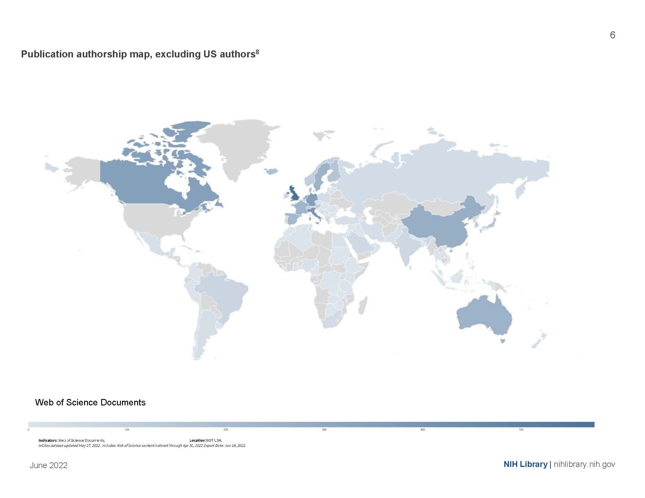 Publication authorship map, excluding US authors