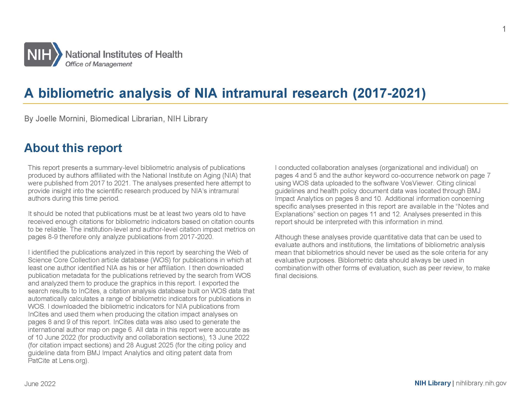 Introduction to a bibliometric analysis of NIA intramural research, 2017-2021
